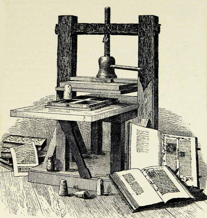 An illustration of an early printing press