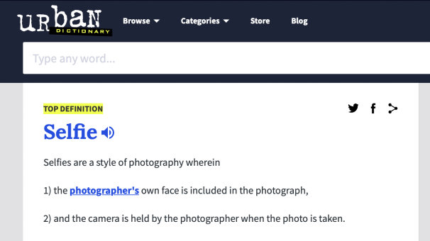 A screenshot of the Urban Dictionary entry for selfie